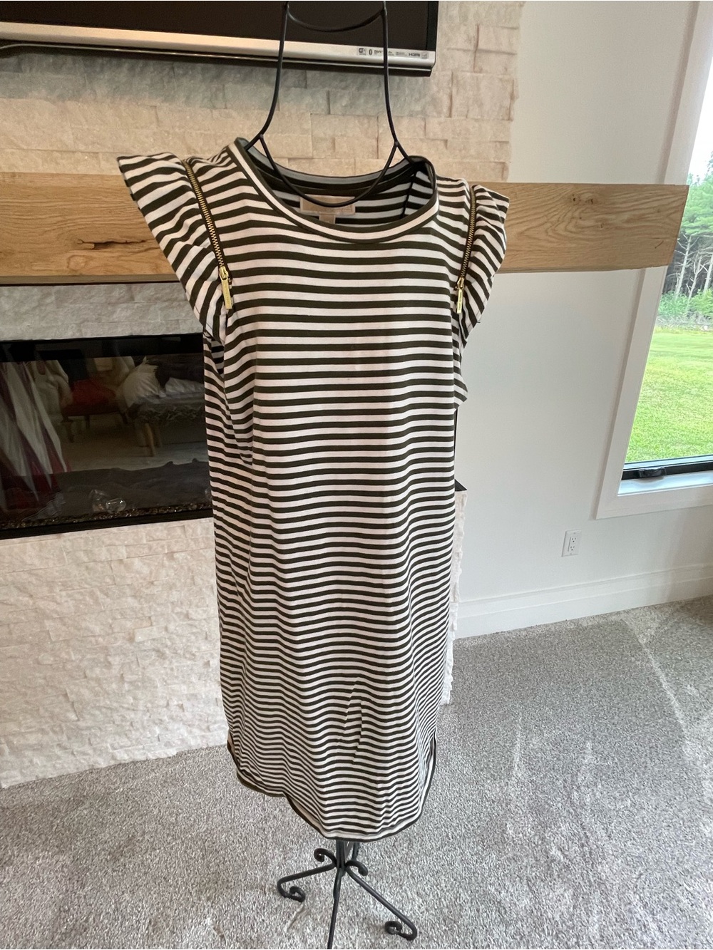 Michael Kors Black and White Striped Sleeveless Dress with Gold Zipper Accents